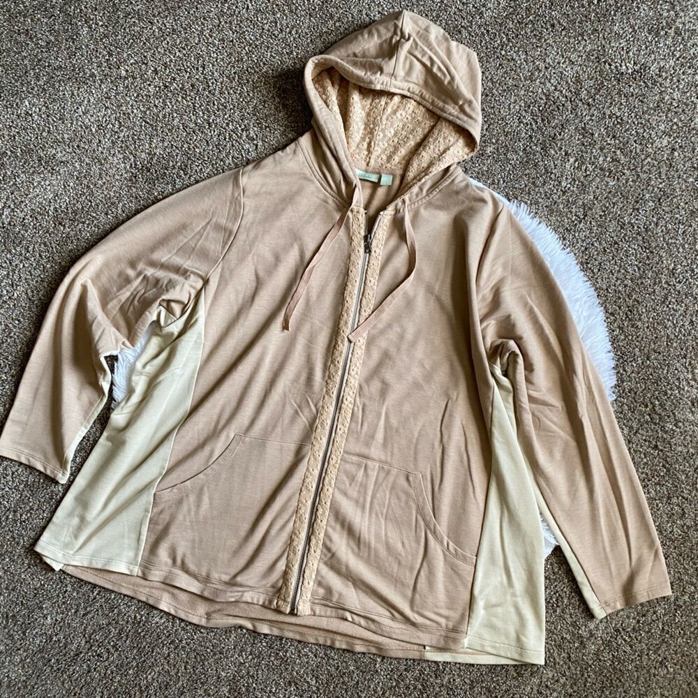 LOGO Lounge Jacket Hooded Tan‎ Lightweight Zip Front Womens Size 3X